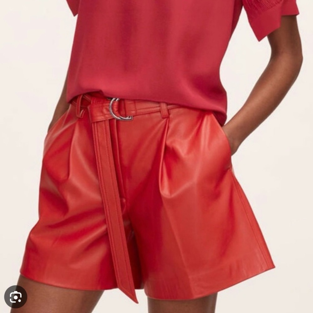 TWO PAIRS Rebecca Taylor Vegan Leather Belted Shorts in green and red